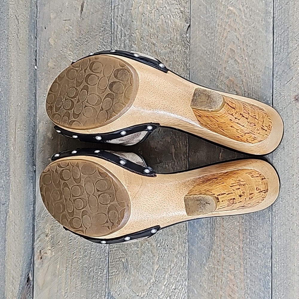 COACH Women's Illisa Heel Shoes Black Brown Brass Logo Plate Platform Sandal - Picture 5 of 11